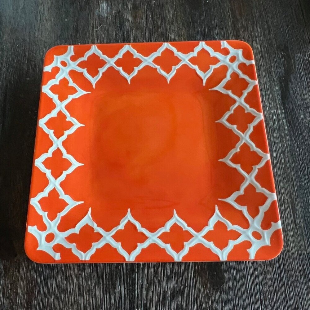 Laurie Gates Melamine Hard Plastic Plate Orange and White Square 10.5 inches